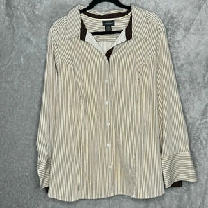 Lane Bryant 26 28W 3X Shirt Top Gold Striped Button Up Long Sleeve V Neck Cotton